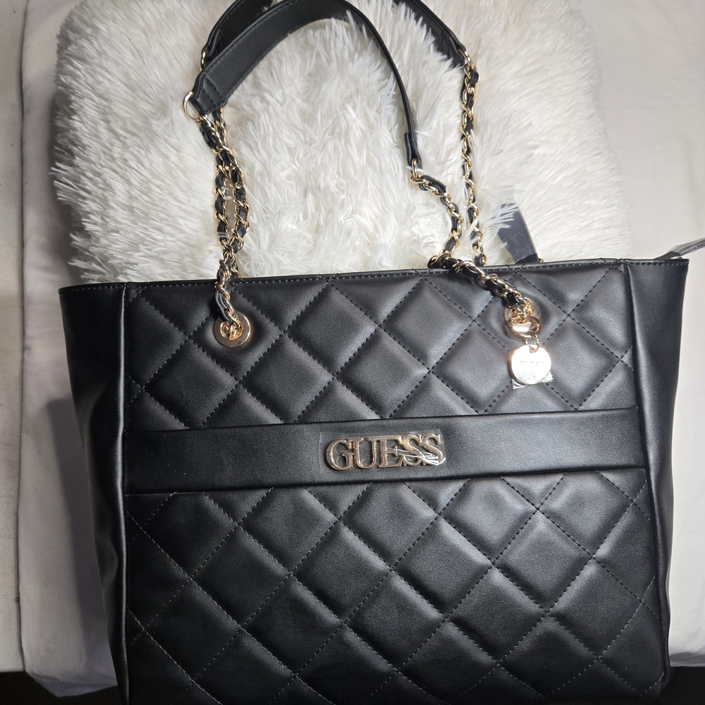 Guess Quilted Black Tote with Gold Chains